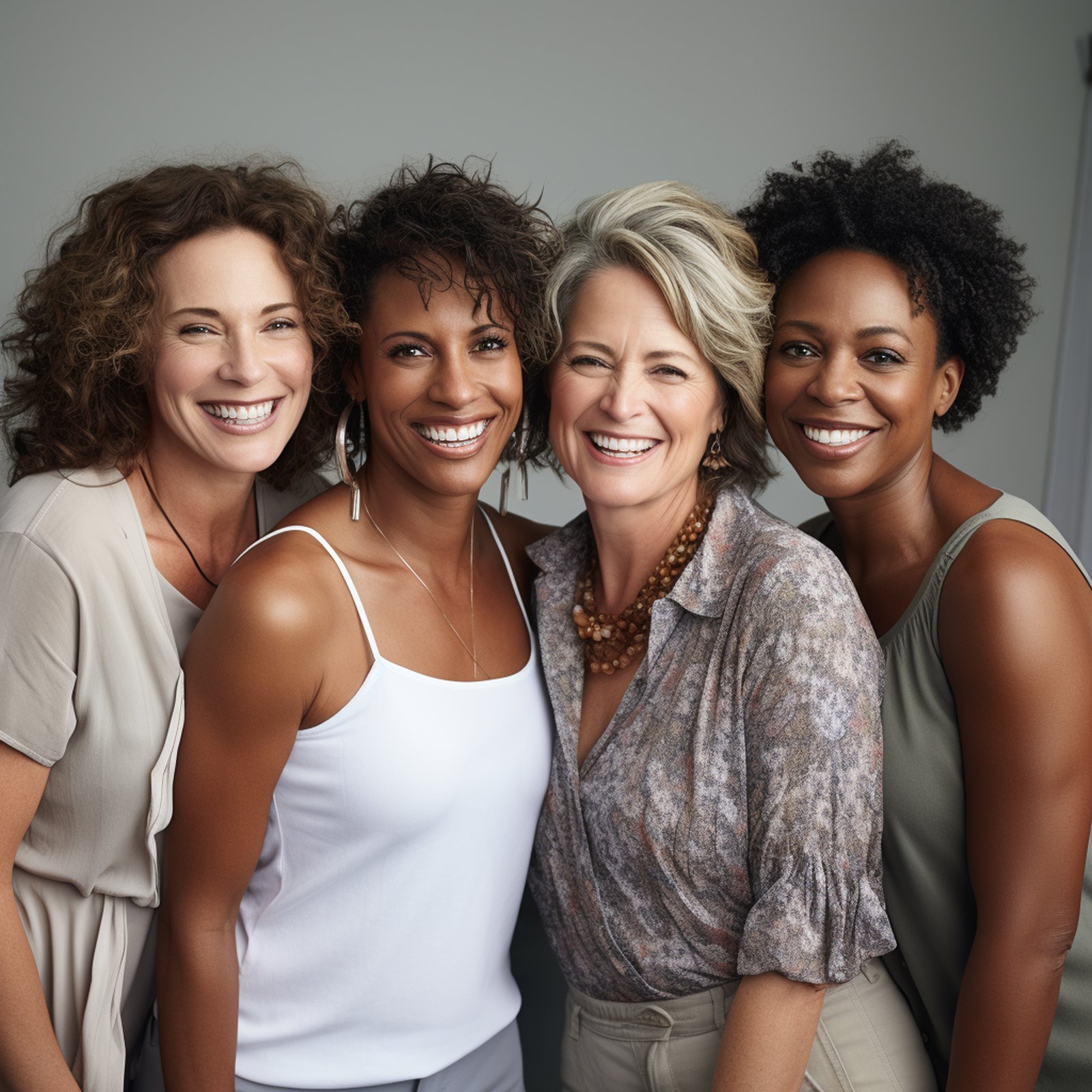 Four confident women smiling together representing the target audience for From Stuck to Unstoppable